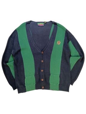 Vintage Hunting Horn Men's Navy and Green Golf Style Cardigan Sweater - L